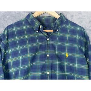 Ralph Lauren Mens XL Blue Green Plaid Cotton Button Down Shirt Long Sleeve Pony